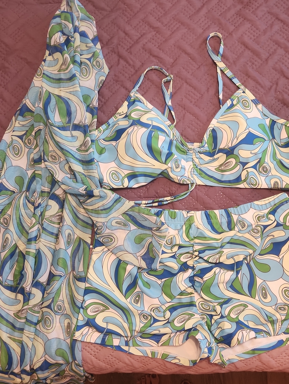 Swirled Blue Green Retro Bikini Set with Cover-Up